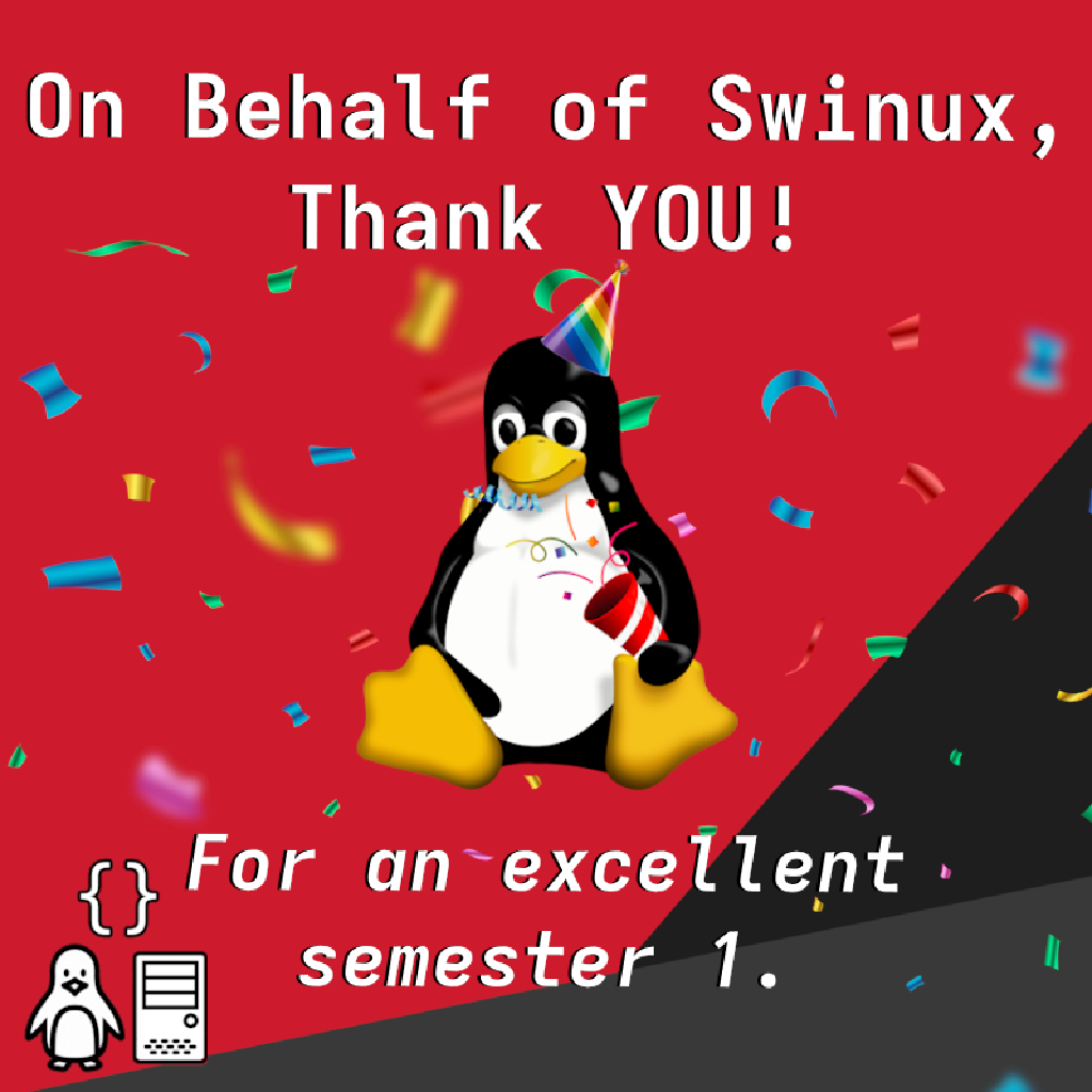 Thank you with Tux wearing a party hat.