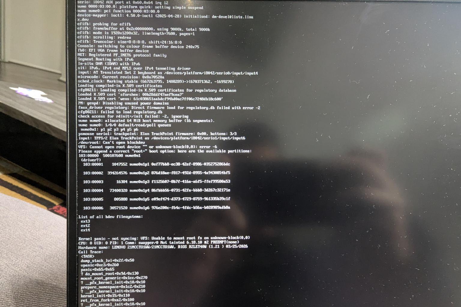 Photo of Linux terminal displaying a kernel panic.